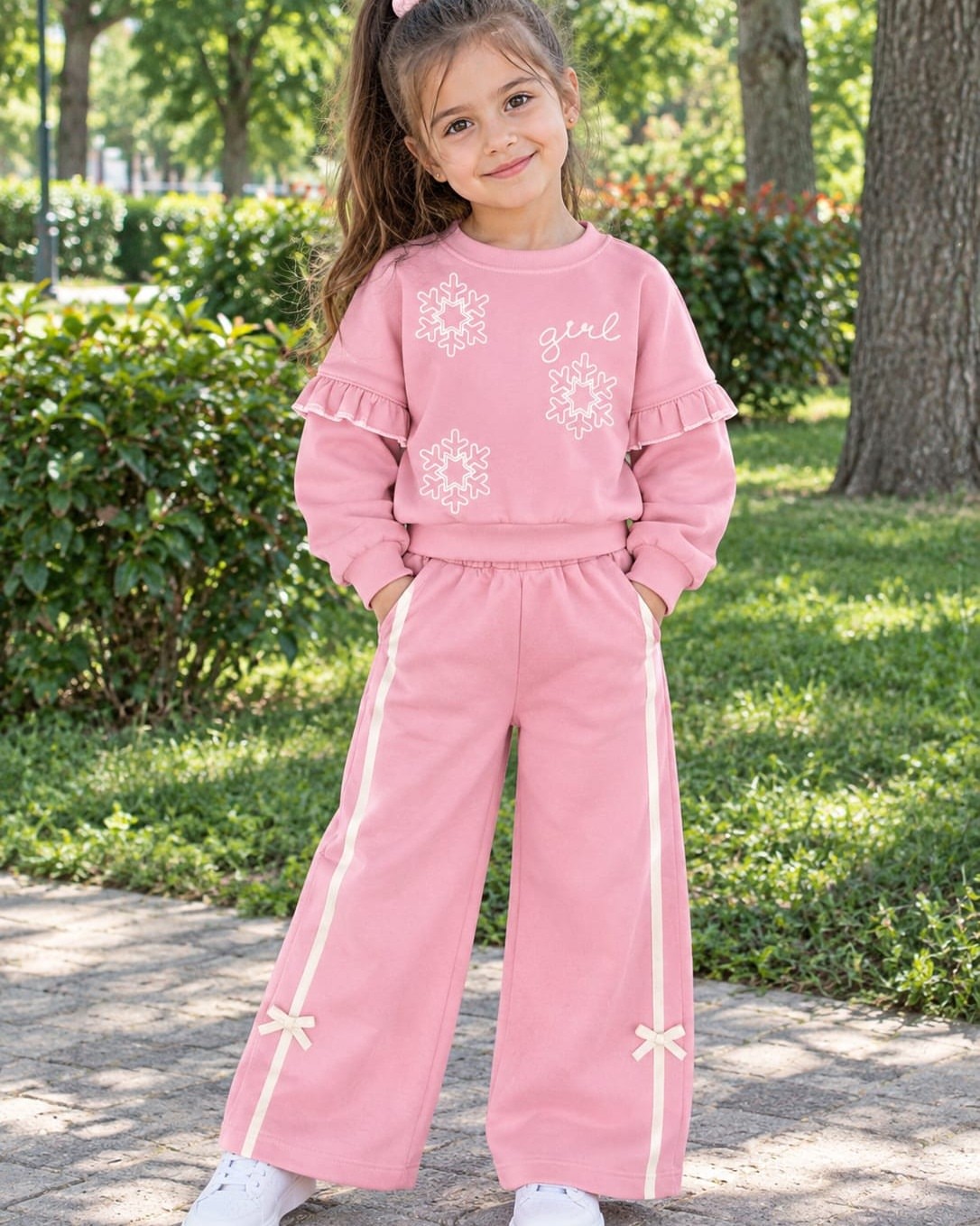 Full-body view of a child wearing a pink sweatshirt and wide-leg pants with decorative details, standing outdoors in bright natural light.
