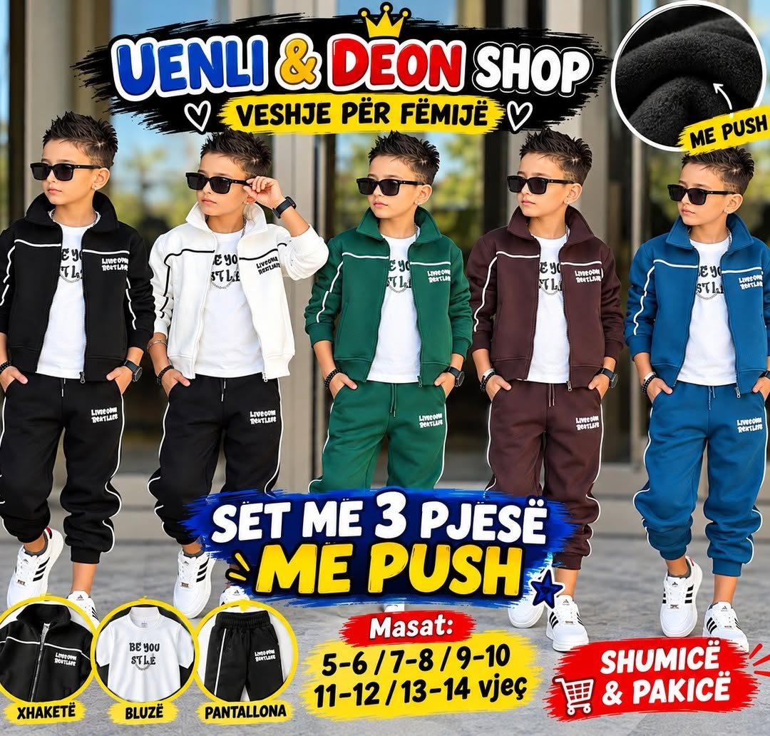 Promotional collage showing five children modeling tracksuits in different colors, with large promotional text, pricing, size information and product callouts.