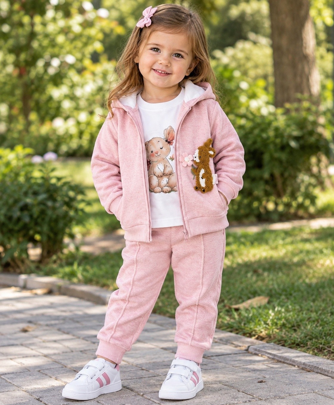 Full-body view of a child wearing a light-pink hooded jacket, graphic shirt, and matching pants, standing outdoors in dappled daylight.